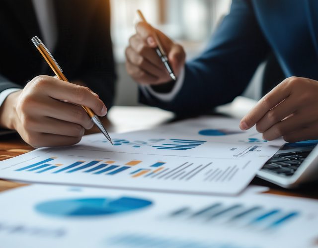 Business partners discussing financial reports at meeting. Two business partners review financial documents, discussing performance charts and graphs during an office meeting.